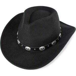Women's Brown Western Round Metal Buckle Belt Classic Fedora Felt Cowboy Hat